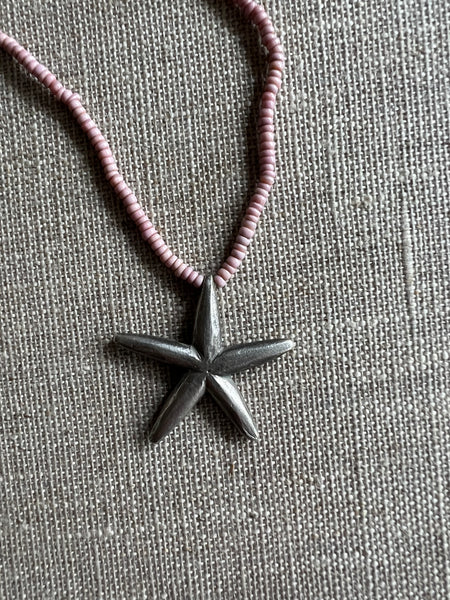 CAST SILVER - Star Necklace on Vintage glass beads - pale pink star