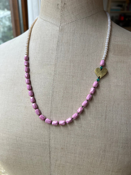 BEADED - Brass heart vintage glass bead necklace in pink and blush with teal detail