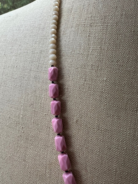 BEADED - Brass heart vintage glass bead necklace in pink and blush with teal detail