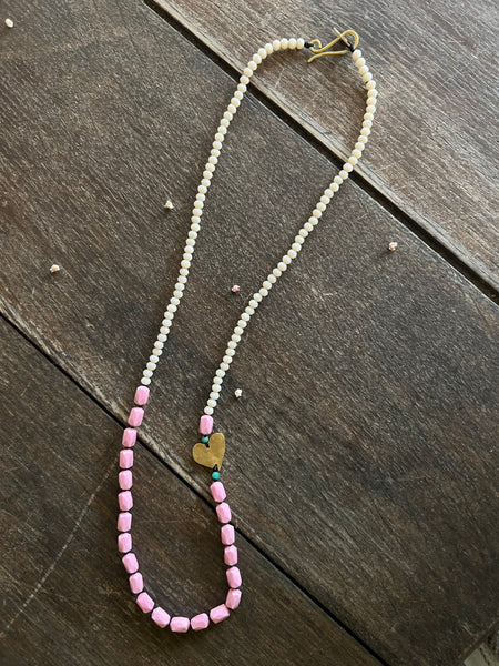 BEADED - Brass heart vintage glass bead necklace in pink and blush with teal detail