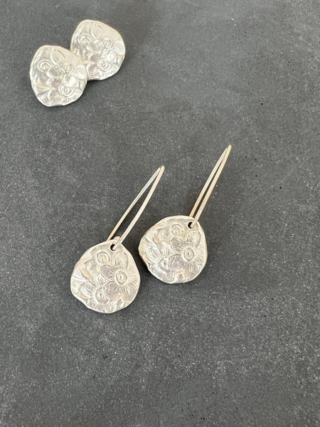 CAST SILVER - silver impressed flower earrings - hand formed lost wax earrings MMCSE06