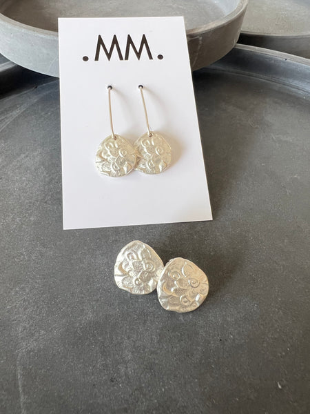 CAST SILVER - silver impressed flower earrings - hand formed lost wax earrings MMCSE06