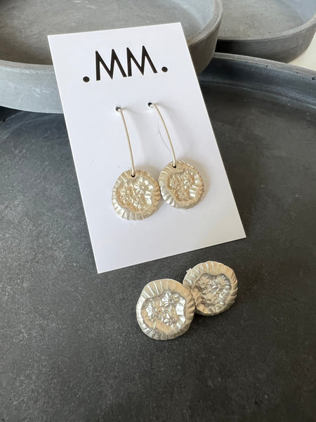CAST SILVER - silver impressed flower earrings - hand formed lost wax earrings MMCSE05