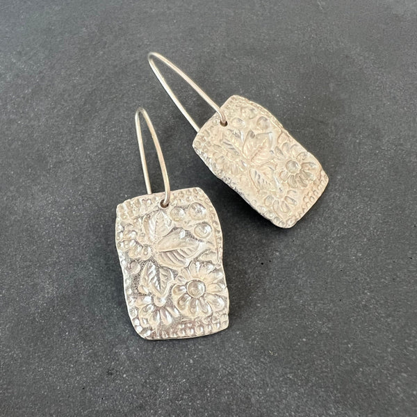 CAST SILVER - silver impressed floral plaque earrings - hand formed lost wax earrings MMCSE09