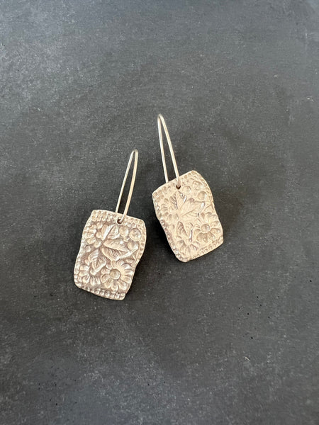 CAST SILVER - silver impressed floral plaque earrings - hand formed lost wax earrings MMCSE09