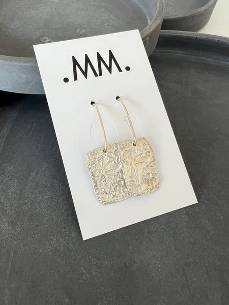 CAST SILVER - silver impressed floral plaque earrings - hand formed lost wax earrings MMCSE09