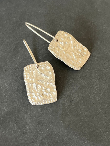 CAST SILVER - silver impressed floral plaque earrings - hand formed lost wax earrings MMCSE09