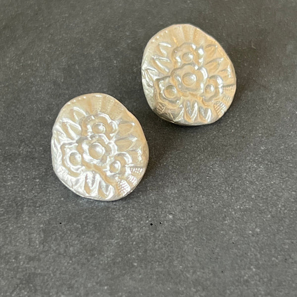 CAST SILVER - silver impressed flower button earrings - hand formed lost wax earrings MMCSE07