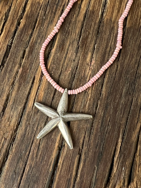 CAST SILVER - Star Necklace on Vintage glass beads - pale pink star