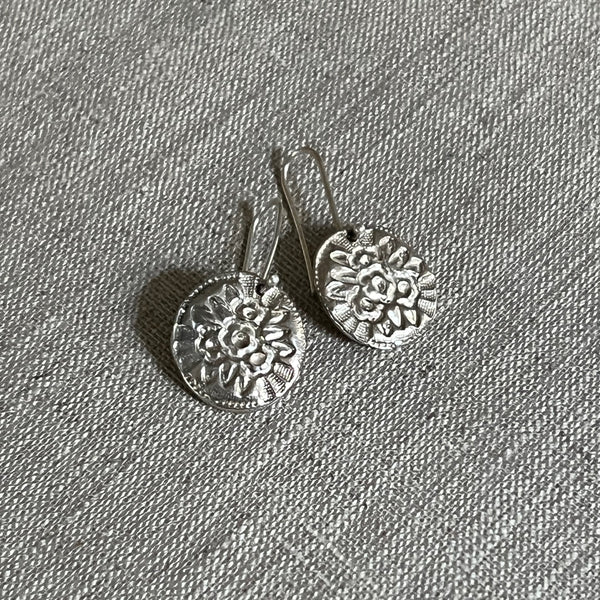 CAST SILVER - silver impressed flower button earrings - hand formed lost wax earrings MMCSE07