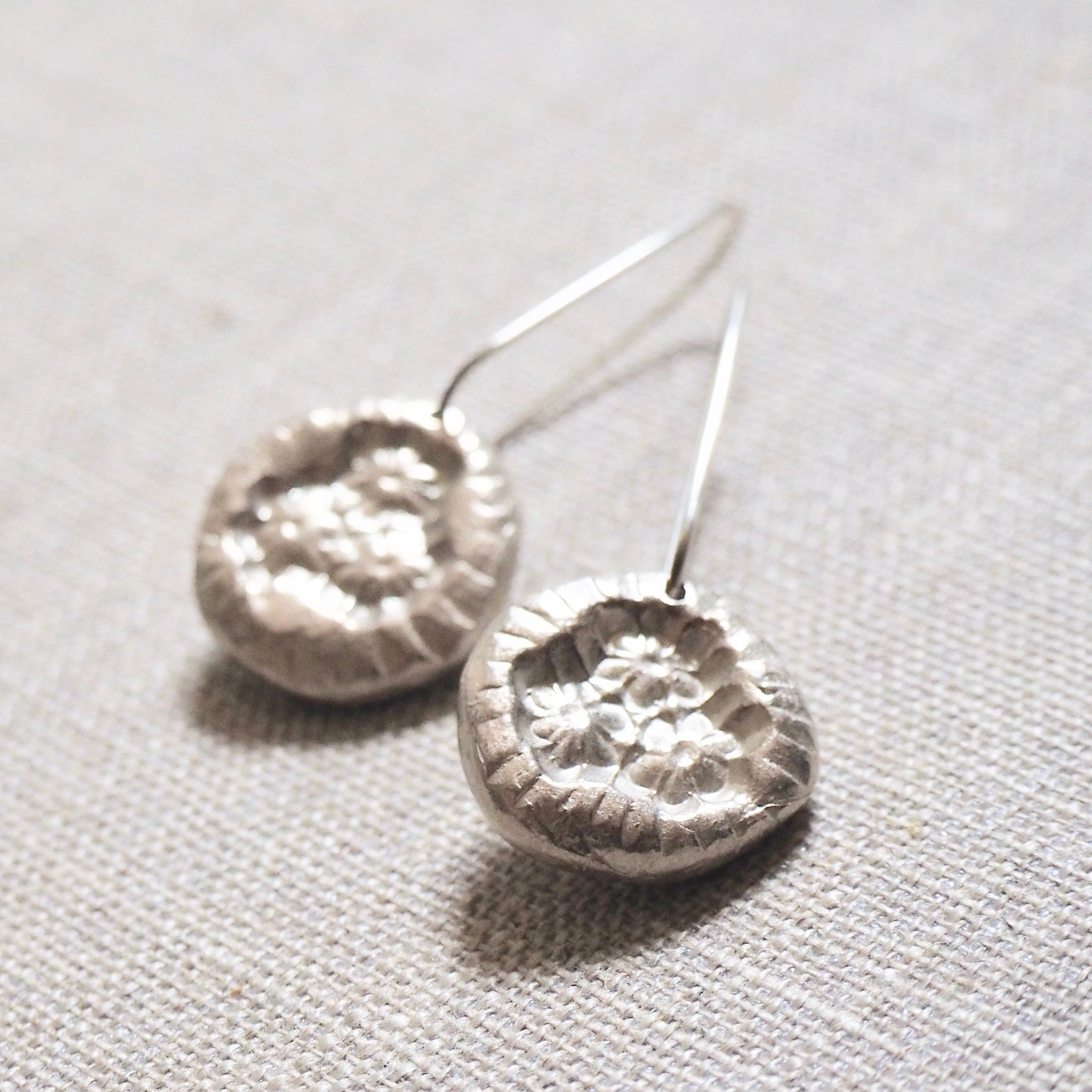 CAST SILVER - silver impressed flower earrings - hand formed lost wax earrings MMCSE05