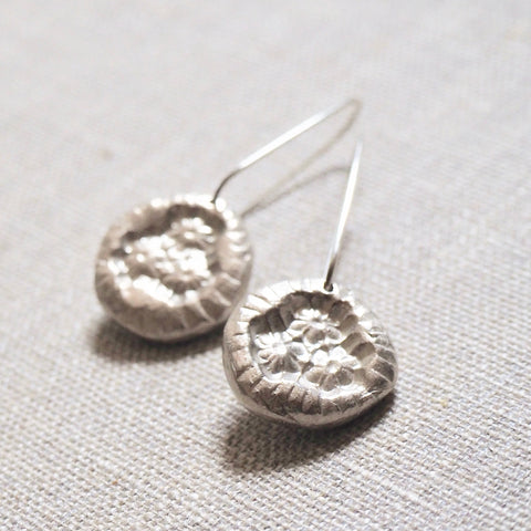 CAST SILVER - silver impressed flower earrings - hand formed lost wax earrings MMCSE05