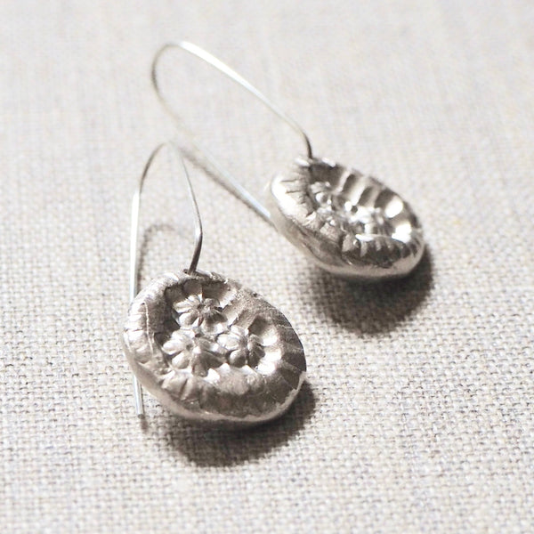 CAST SILVER - silver impressed flower earrings - hand formed lost wax earrings MMCSE05