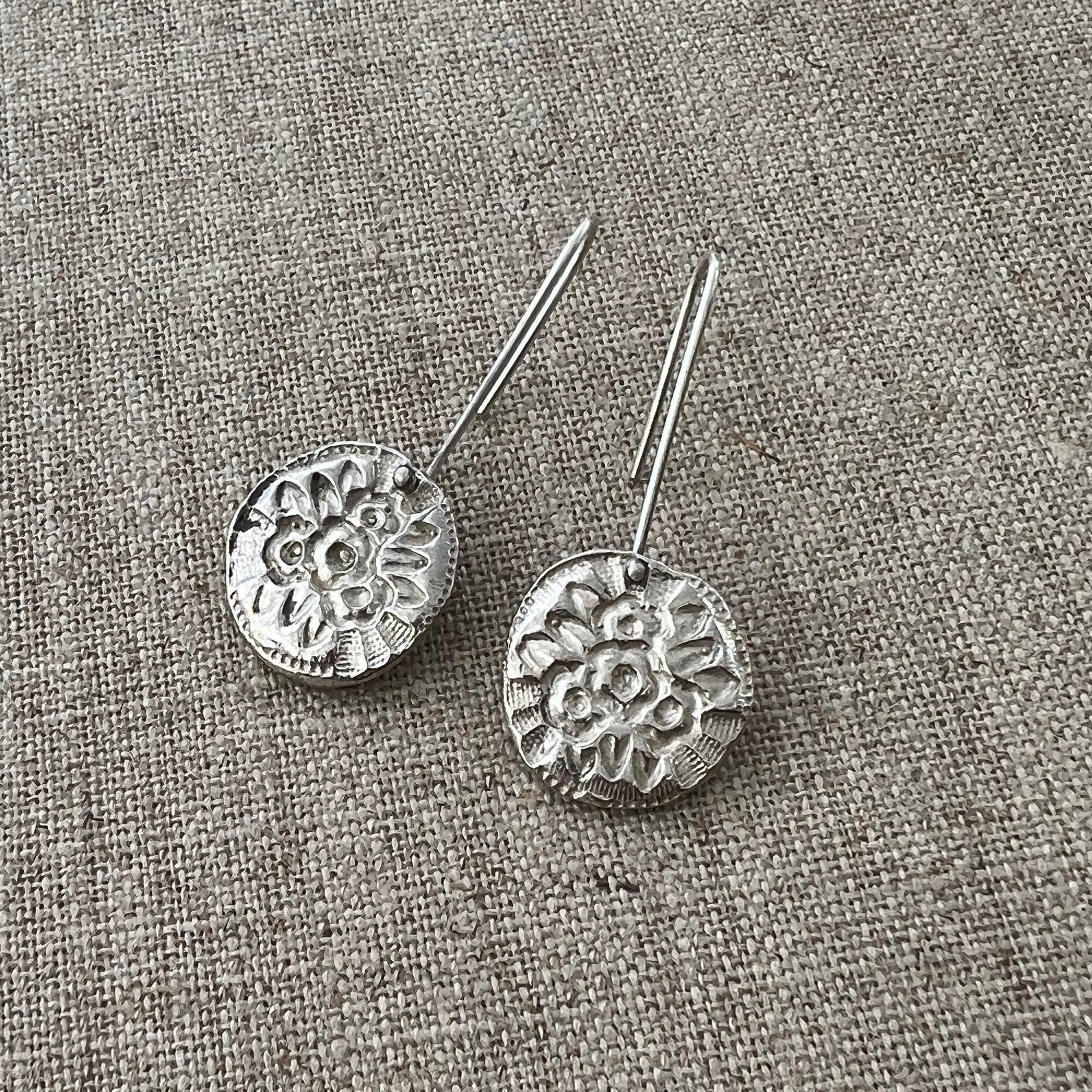 CAST SILVER - silver impressed flower button earrings - hand formed lost wax earrings MMCSE07