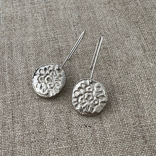 CAST SILVER - silver impressed flower button earrings - hand formed lost wax earrings MMCSE07