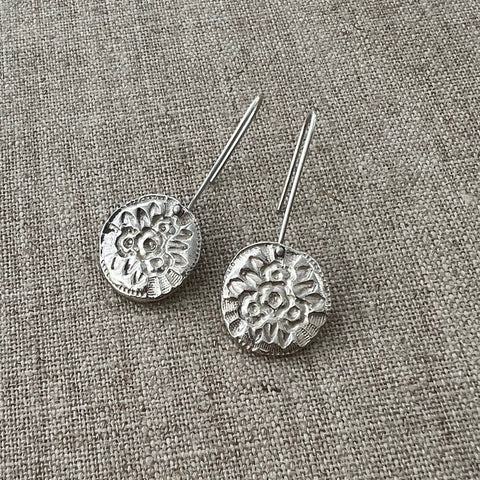 CAST SILVER - silver impressed flower button earrings - hand formed lost wax earrings MMCSE07