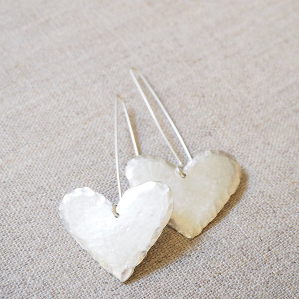 CAST SILVER - silver beaten heart earrings - hand carved lost wax earrings MMCSE01