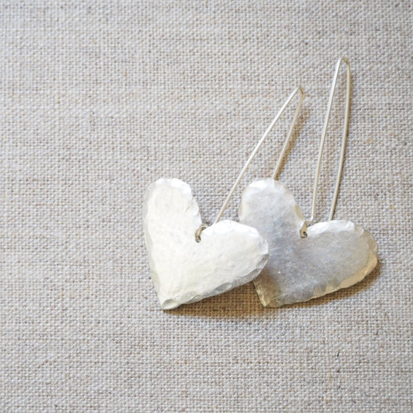 CAST SILVER - silver beaten heart earrings - hand carved lost wax earrings MMCSE01