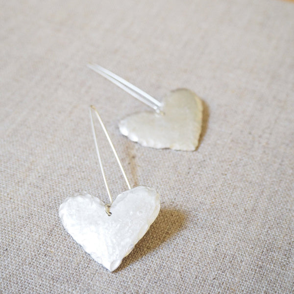 CAST SILVER - silver beaten heart earrings - hand carved lost wax earrings MMCSE01