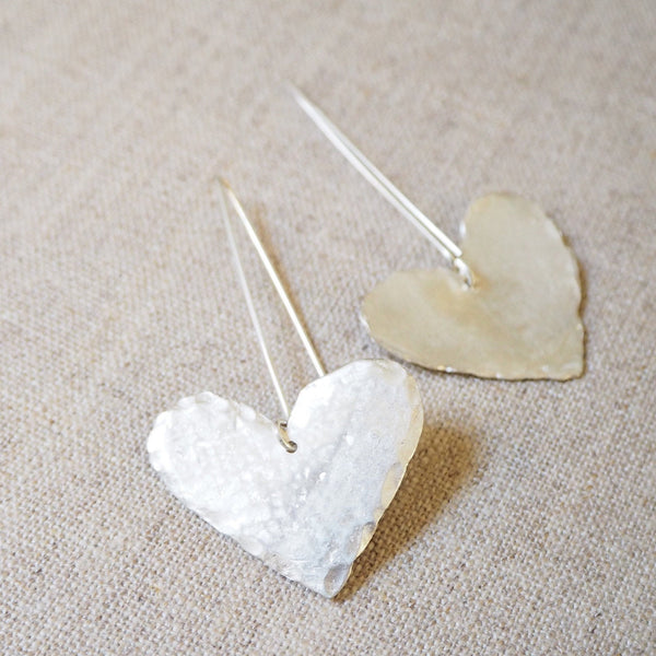 CAST SILVER - silver beaten heart earrings - hand carved lost wax earrings MMCSE01